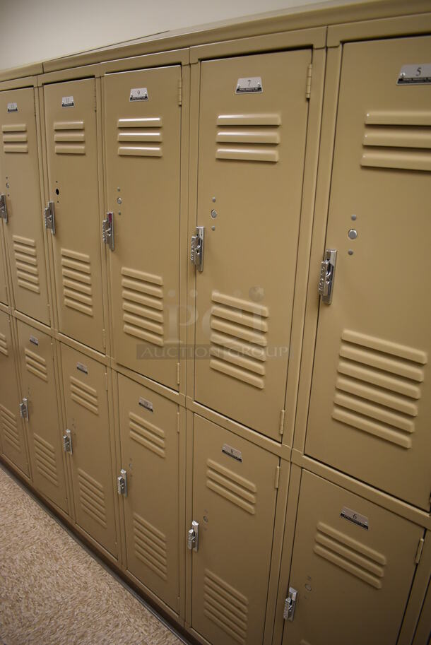 Wall of 24 Tan Metal Lockers. BUYER MUST REMOVE. 145x18x71. (Mens Locker Room) - Image 3 of 7