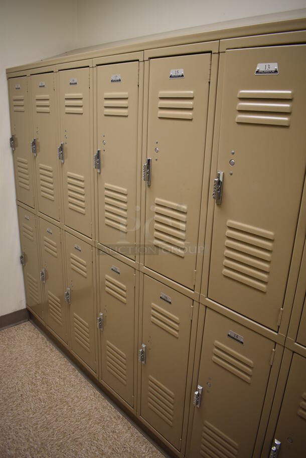 Wall of 24 Tan Metal Lockers. BUYER MUST REMOVE. 145x18x71. (Mens Locker Room) - Image 4 of 7