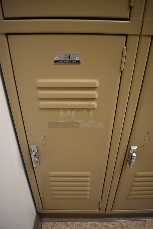 Wall of 24 Tan Metal Lockers. BUYER MUST REMOVE. 145x18x71. (Mens Locker Room) - Image 6 of 7