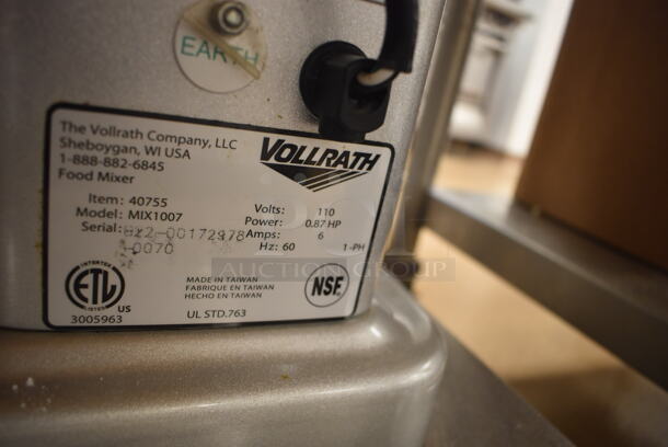 Vollrath MIX1007 Metal Commercial Countertop 7 Quart Planetary Dough Mixer w/ 2 Metal Mixing Bowl, Poly Bowl Guard, 2 Paddle, 2 Whisk and 2 Dough Hook Attachments. 110 Volts, 1 Phase. 12x17x19. Tested and Working! (Pastry Kitchen) - Image 7 of 7