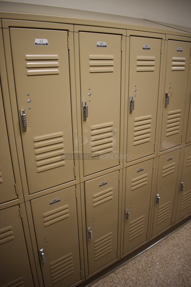 Wall of 22 Tan Metal Lockers. BUYER MUST REMOVE. 132x18x71. (Mens Locker Room) - Image 5 of 5