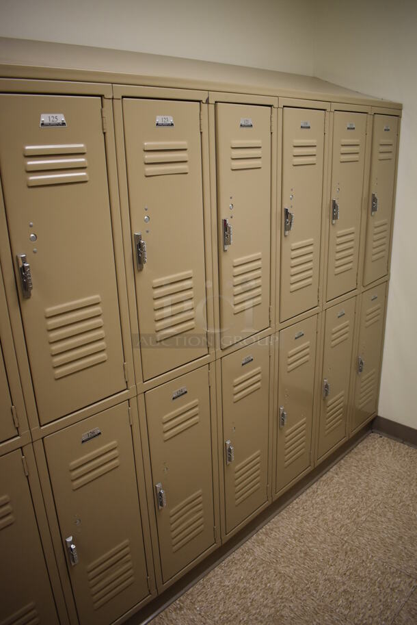 Wall of 18 Tan Metal Lockers. BUYER MUST REMOVE. 108x18x71. (Mens Locker Room) - Image 3 of 6