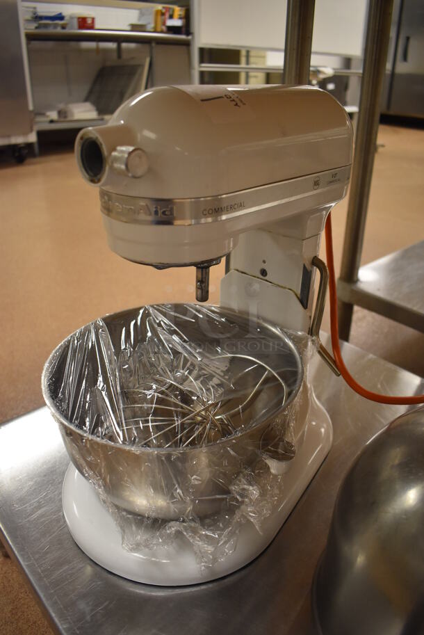 KitchenAid KSM8990WH Metal Commercial Countertop 8 Quart Planetary Dough Mixer w/ 2 Metal Mixing Bowls, Paddle and Whisk Attachments. 120 Volts, 1 Phase. 11x14x16. Tested and Working! (Pastry Kitchen) - Image 1 of 7
