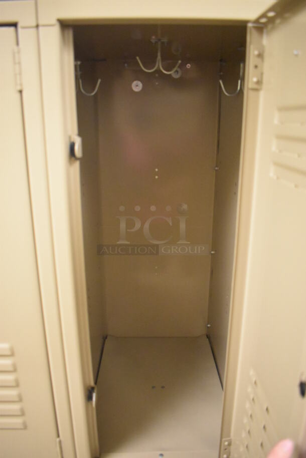 Wall of 18 Tan Metal Lockers. BUYER MUST REMOVE. 108x18x71. (Mens Locker Room) - Image 6 of 6