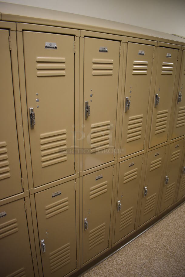 Wall of 46 Tan Metal Lockers. BUYER MUST REMOVE. 280x18x71. (Mens Locker Room) - Image 3 of 6