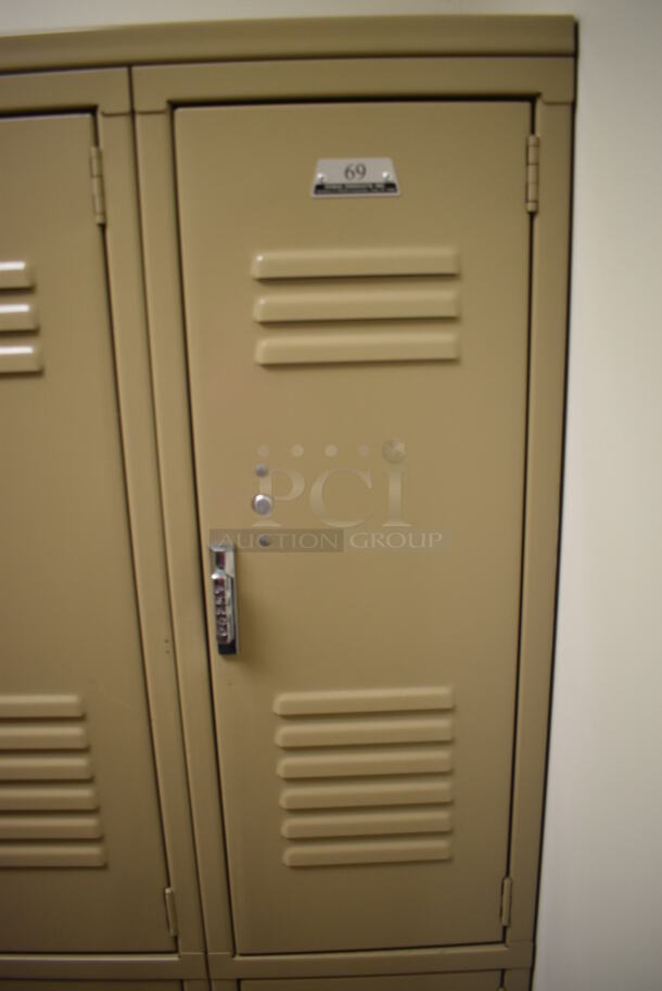 Wall of 46 Tan Metal Lockers. BUYER MUST REMOVE. 280x18x71. (Mens Locker Room) - Image 4 of 6