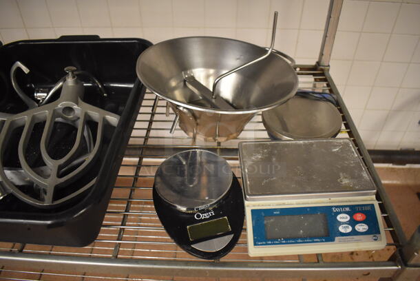 Metal 4 Tier Wire Shelving Unit w/ Contents Including Attachments and Scale. Does NOT Include The 2 Mixers on the Top Shelf. BUYER MUST DISMANTLE. PCI CANNOT DISMANTLE FOR SHIPPING. PLEASE CONSIDER FREIGHT CHARGES. 48x24x84. (Education Kitchen 2) - Image 4 of 7