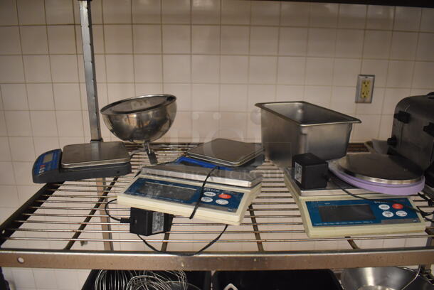 Metal 4 Tier Wire Shelving Unit w/ Contents Including Attachments and Scale. Does NOT Include The 2 Mixers on the Top Shelf. BUYER MUST DISMANTLE. PCI CANNOT DISMANTLE FOR SHIPPING. PLEASE CONSIDER FREIGHT CHARGES. 48x24x84. (Education Kitchen 2) - Image 5 of 7