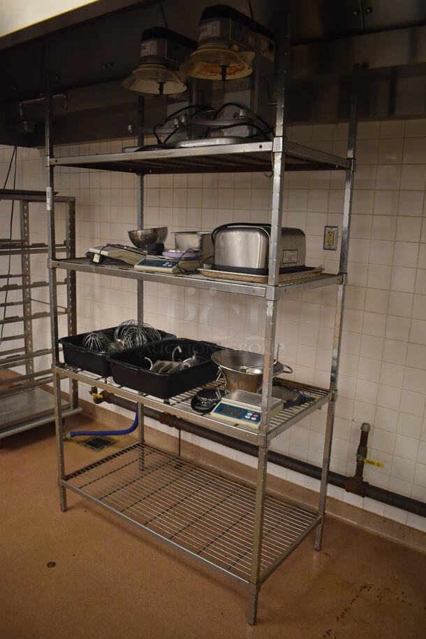 Metal 4 Tier Wire Shelving Unit w/ Contents Including Attachments and Scale. Does NOT Include The 2 Mixers on the Top Shelf. BUYER MUST DISMANTLE. PCI CANNOT DISMANTLE FOR SHIPPING. PLEASE CONSIDER FREIGHT CHARGES. 48x24x84. (Education Kitchen 2) - Image 7 of 7