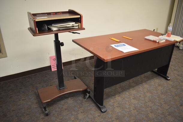 ALL ONE MONEY! Lot of 2 Items; Podium on Casters and Wood Pattern Desk. 60x30x29, 25x14x45. (Classroom 5-8)