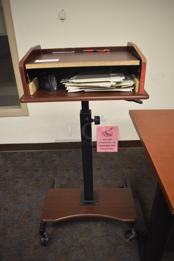 ALL ONE MONEY! Lot of 2 Items; Podium on Casters and Wood Pattern Desk. 60x30x29, 25x14x45. (Classroom 5-8) - Image 2 of 3