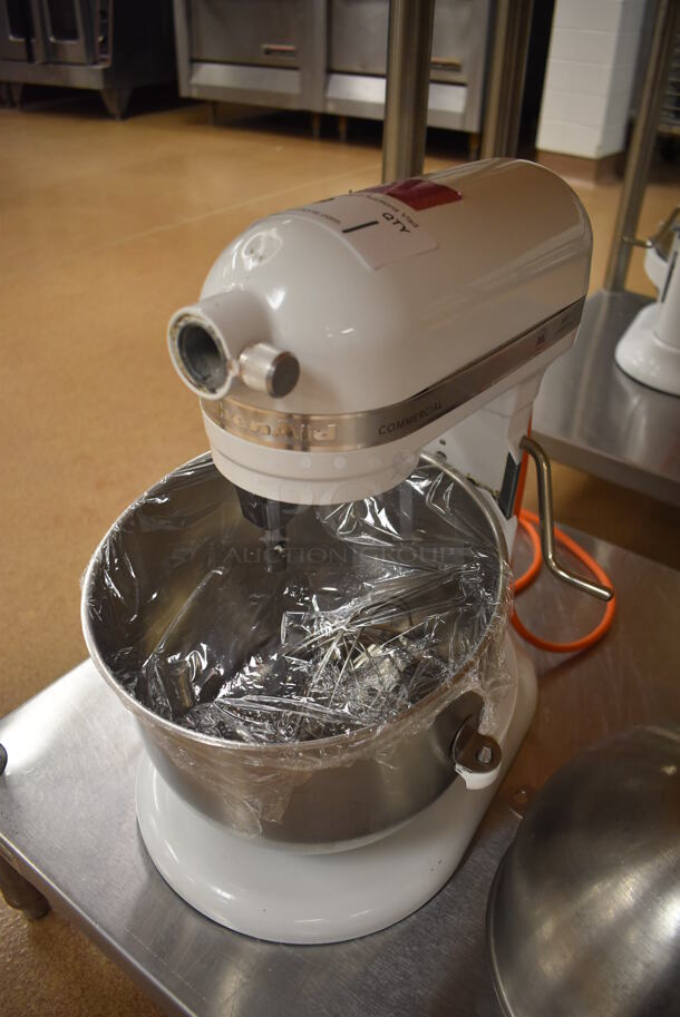 KitchenAid KSM8990WH Metal Commercial Countertop 8 Quart Planetary Dough Mixer w/ 2 Metal Mixing Bowls, Paddle, Whisk and 3 Dough Hook Attachments. 120 Volts, 1 Phase. 11x14x16. Tested and Working! (Pastry Kitchen)