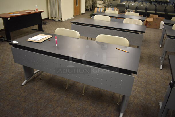 3 Gray Tables and 6 Tan Chairs. 66x24x29, 22x18x32. 3 Times Your Bid! (Classroom 5-8)