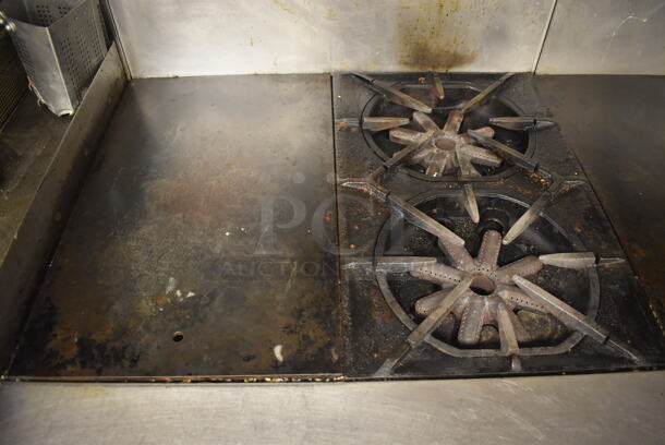 Garland M42-6R Stainless Steel Commercial Floor Style Natural Gas Powered 2 Burner Range w/ Flat Top, Oven, Over Shelf and Back Splash. BUYER MUST REMOVE. 34x38x58. Tested and Working! (Education Kitchen 2) - Image 5 of 9