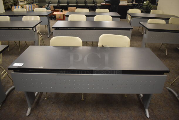 3 Gray Tables and 6 Tan Chairs. 66x24x29, 22x18x32. 3 Times Your Bid! (Classroom 5-8)