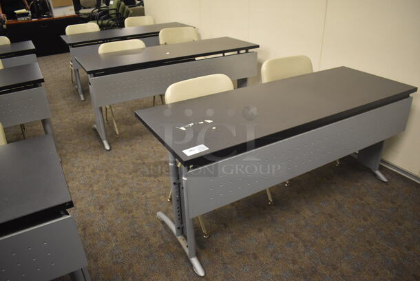 3 Gray Tables and 6 Tan Chairs. 66x24x29, 22x18x32. 3 Times Your Bid! (Classroom 5-8)