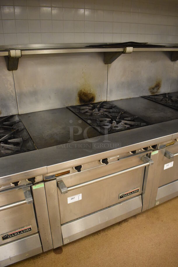 Garland M42-6R Stainless Steel Commercial Floor Style Natural Gas Powered 2 Burner Range w/ Flat Top, Oven, Over Shelf and Back Splash. BUYER MUST REMOVE. 34x38x58. Tested and Working! (Education Kitchen 2) - Image 3 of 8