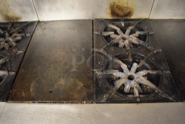 Garland M42-6R Stainless Steel Commercial Floor Style Natural Gas Powered 2 Burner Range w/ Flat Top, Oven, Over Shelf and Back Splash. BUYER MUST REMOVE. 34x38x58. Tested and Working! (Education Kitchen 2) - Image 4 of 8