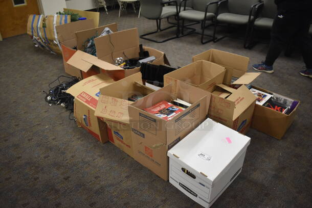 ALL ONE MONEY! MEGA LOT of Various Cardboard Boxes Filled With Books and Christmas Decorations. BUYER MUST REMOVE. (Classroom 5-8)