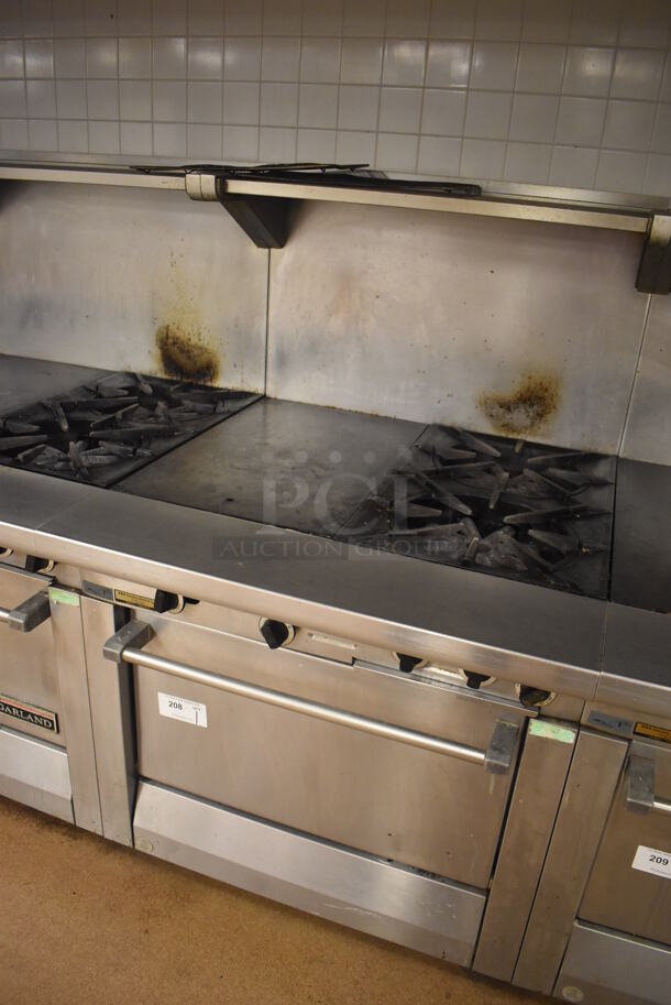 Garland M42-6R Stainless Steel Commercial Floor Style Natural Gas Powered 2 Burner Range w/ Flat Top, Oven, Over Shelf and Back Splash. BUYER MUST REMOVE. 34x38x58. Tested and Working! (Education Kitchen 2) - Image 3 of 8
