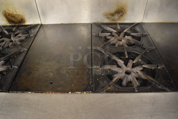 Garland M42-6R Stainless Steel Commercial Floor Style Natural Gas Powered 2 Burner Range w/ Flat Top, Oven, Over Shelf and Back Splash. BUYER MUST REMOVE. 34x38x58. Tested and Working! (Education Kitchen 2) - Image 4 of 8