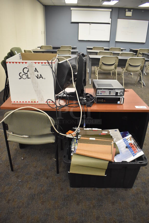 ALL ONE MONEY! Lot of Wood Pattern Desk, Green Chair and Contents Including Folders. Includes 54x24x28.5. (Classroom 5-8)