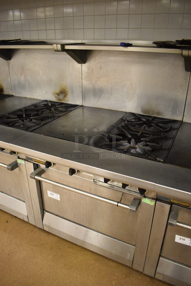 Garland M42-6R Stainless Steel Commercial Floor Style Natural Gas Powered 2 Burner Range w/ Flat Top, Oven, Over Shelf and Back Splash. BUYER MUST REMOVE. 34x38x58. Tested and Working! (Education Kitchen 2) - Image 2 of 8