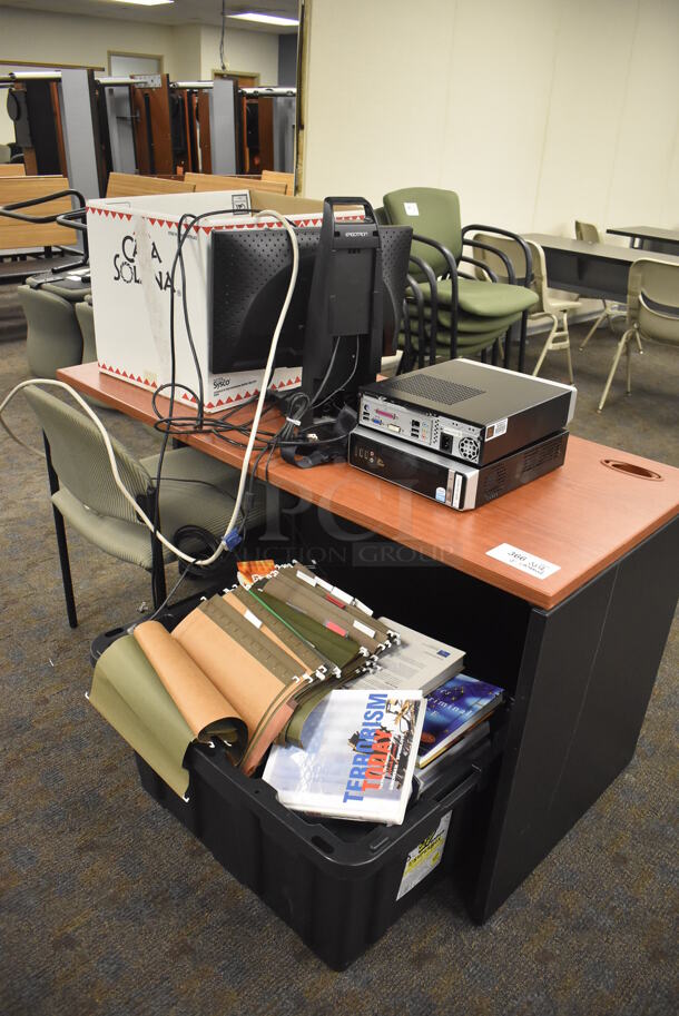 ALL ONE MONEY! Lot of Wood Pattern Desk, Green Chair and Contents Including Folders. Includes 54x24x28.5. (Classroom 5-8) - Image 2 of 6
