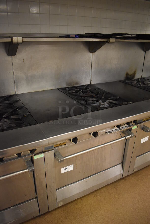 Garland M42-6R Stainless Steel Commercial Floor Style Natural Gas Powered 2 Burner Range w/ Flat Top, Oven, Over Shelf and Back Splash. BUYER MUST REMOVE. 34x38x58. Tested and Working! (Education Kitchen 2) - Image 3 of 8