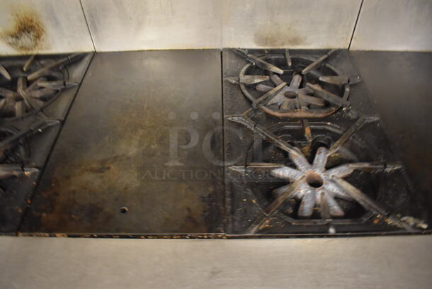 Garland M42-6R Stainless Steel Commercial Floor Style Natural Gas Powered 2 Burner Range w/ Flat Top, Oven, Over Shelf and Back Splash. BUYER MUST REMOVE. 34x38x58. Tested and Working! (Education Kitchen 2) - Image 4 of 8