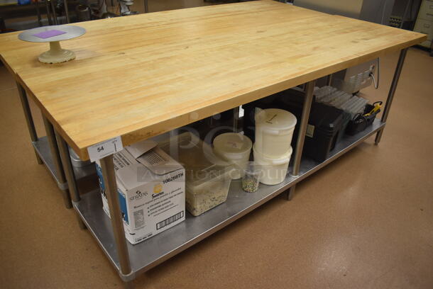 Butcher Block Table w/ Stainless Steel Under Shelf. Does Not Include Contents. 96x30x36.5. (Pastry Kitchen)
