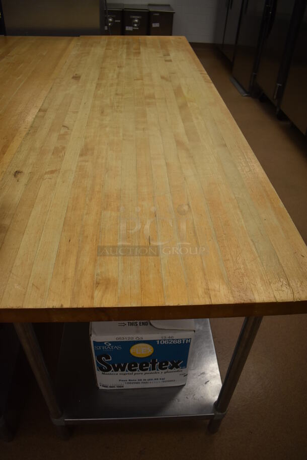 Butcher Block Table w/ Stainless Steel Under Shelf. Does Not Include Contents. 96x30x36.5. (Pastry Kitchen) - Image 2 of 3
