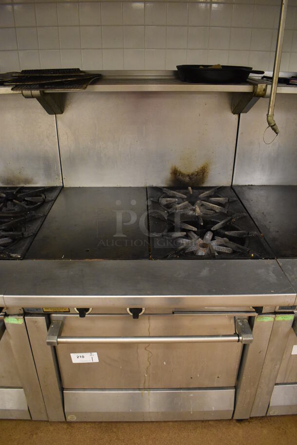 Garland M42-6R Stainless Steel Commercial Floor Style Natural Gas Powered 2 Burner Range w/ Flat Top, Oven, Over Shelf and Back Splash. BUYER MUST REMOVE. 34x38x58. Tested and Working! (Education Kitchen 2) - Image 1 of 8