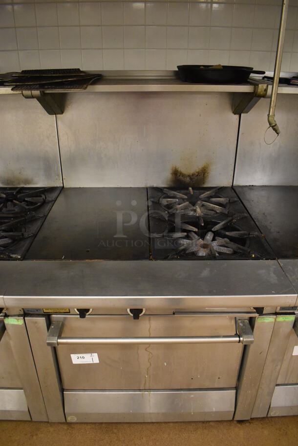 Garland M42-6R Stainless Steel Commercial Floor Style Natural Gas Powered 2 Burner Range w/ Flat Top, Oven, Over Shelf and Back Splash. BUYER MUST REMOVE. 34x38x58. Tested and Working! (Education Kitchen 2)