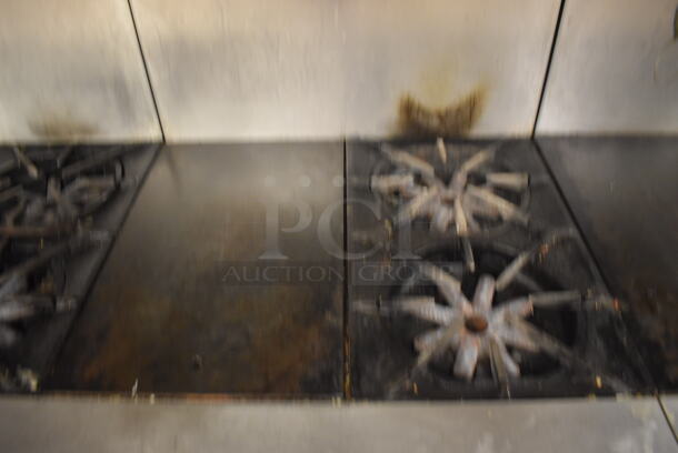 Garland M42-6R Stainless Steel Commercial Floor Style Natural Gas Powered 2 Burner Range w/ Flat Top, Oven, Over Shelf and Back Splash. BUYER MUST REMOVE. 34x38x58. Tested and Working! (Education Kitchen 2) - Image 4 of 8