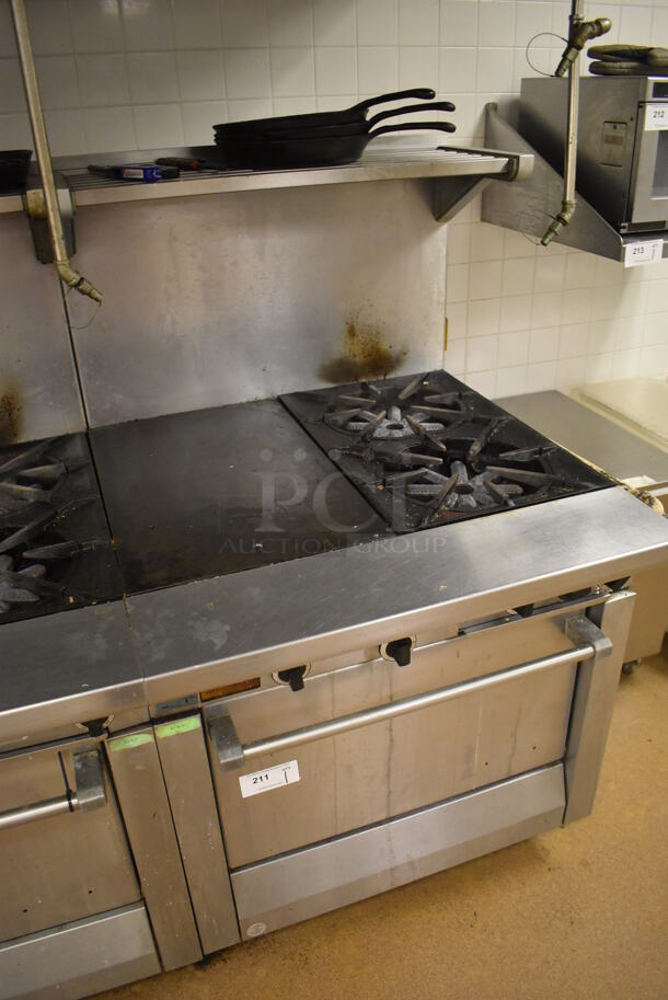 Garland M42-6R Stainless Steel Commercial Floor Style Natural Gas Powered 2 Burner Range w/ Flat Top, Oven, Over Shelf and Back Splash. BUYER MUST REMOVE. 34x38x58. Tested and Working! (Education Kitchen 2) - Image 2 of 8
