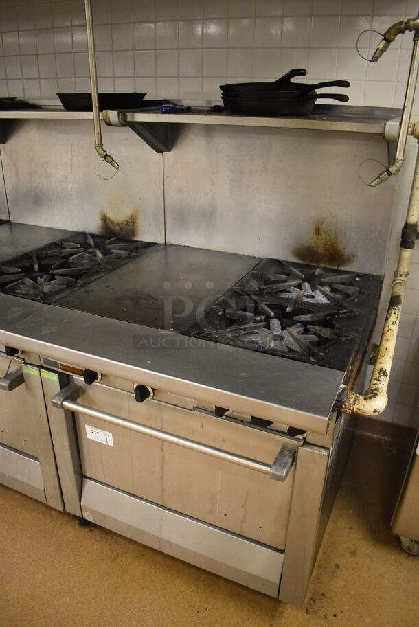 Garland M42-6R Stainless Steel Commercial Floor Style Natural Gas Powered 2 Burner Range w/ Flat Top, Oven, Over Shelf and Back Splash. BUYER MUST REMOVE. 34x38x58. Tested and Working! (Education Kitchen 2) - Image 3 of 8