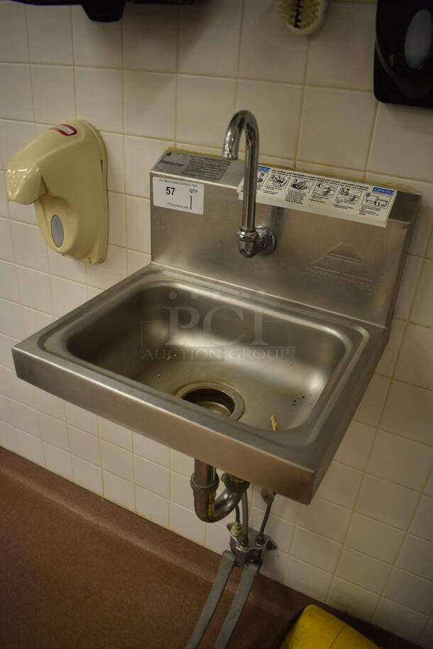 Advance Tabco Stainless Steel Commercial Single Bay Wall Mount Sink w/ Faucet and Foot Pedals. BUYER MUST REMOVE. 17.5x15.5x19. (Pastry Kitchen) - Image 2 of 6