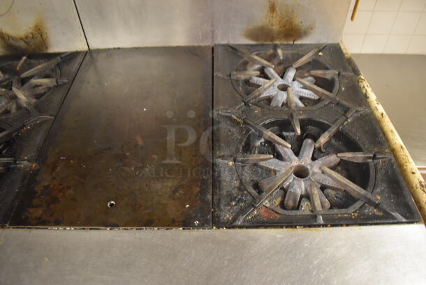 Garland M42-6R Stainless Steel Commercial Floor Style Natural Gas Powered 2 Burner Range w/ Flat Top, Oven, Over Shelf and Back Splash. BUYER MUST REMOVE. 34x38x58. Tested and Working! (Education Kitchen 2) - Image 4 of 8