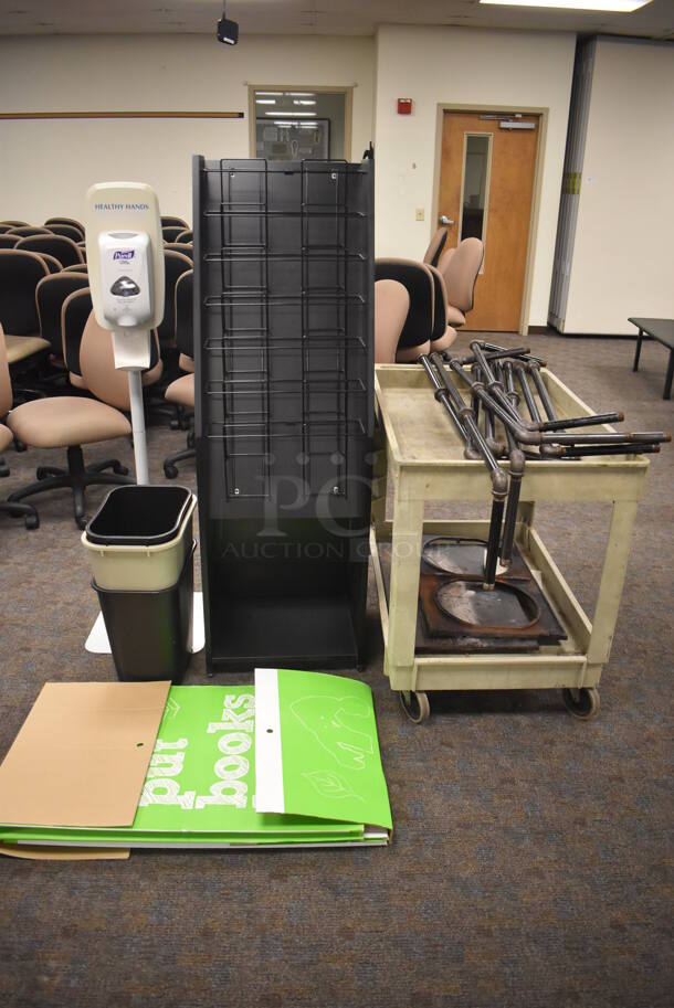 ALL ONE MONEY! Lot of Black Magazine Rack, Tan Cart and Trash Cans. (Classroom 5-8)