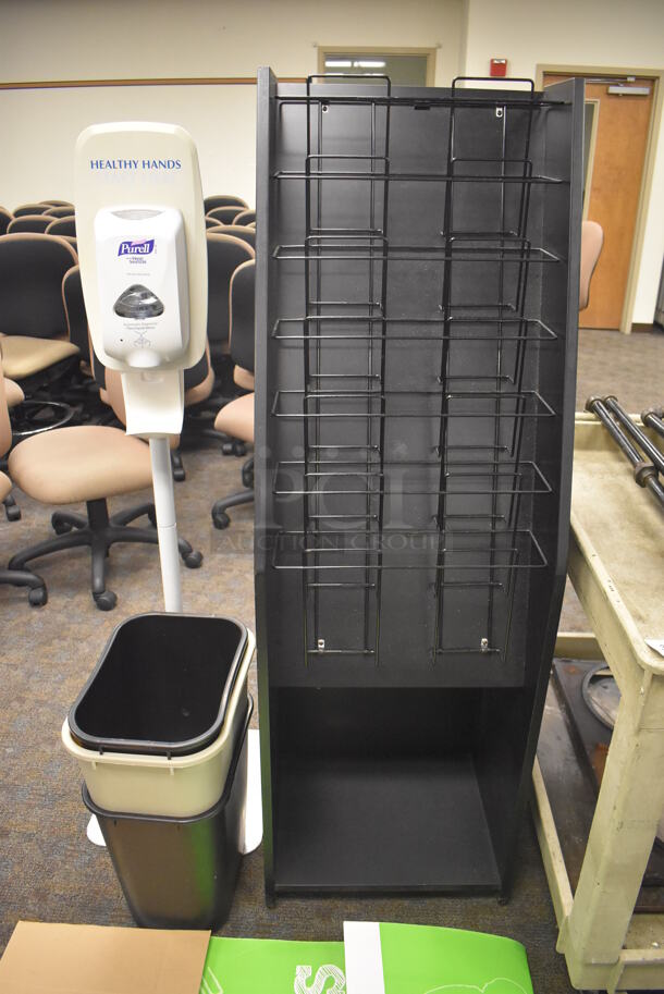 ALL ONE MONEY! Lot of Black Magazine Rack, Tan Cart and Trash Cans. (Classroom 5-8) - Image 2 of 4