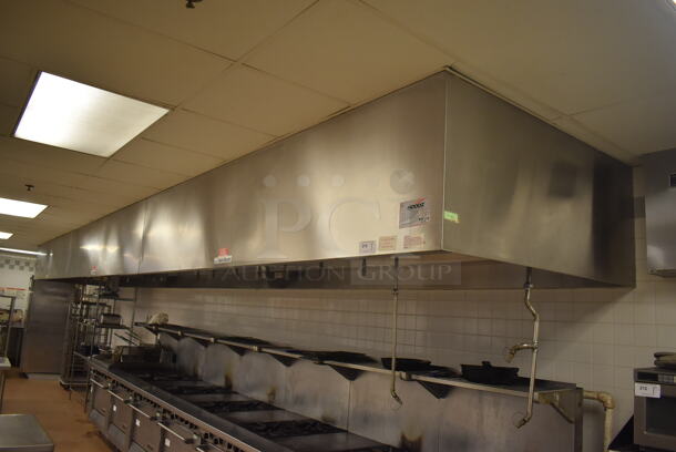 LATE MODEL! 33' Vent Master CM-EX B Stainless Steel Commercial Grease Hood w/ Filters and 2 Ansul Fire Suppression Boxes. BUYER MUST REMOVE. 399x59x26. (Education Kitchen 2) 