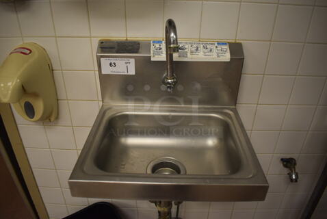 Advance Tabco Stainless Steel Commercial Single Bay Wall Mount Sink w/ Faucet and Foot Pedal. BUYER MUST REMOVE. 17.5x15.5x19. (Pastry Kitchen)