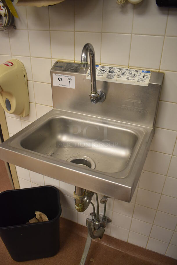 Advance Tabco Stainless Steel Commercial Single Bay Wall Mount Sink w/ Faucet and Foot Pedal. BUYER MUST REMOVE. 17.5x15.5x19. (Pastry Kitchen) - Image 2 of 5