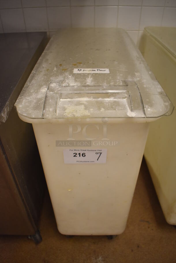 White Poly Ingredient Bin w/ Lid on Commercial Casters. 13x29.5x29. (Education Kitchen 2)