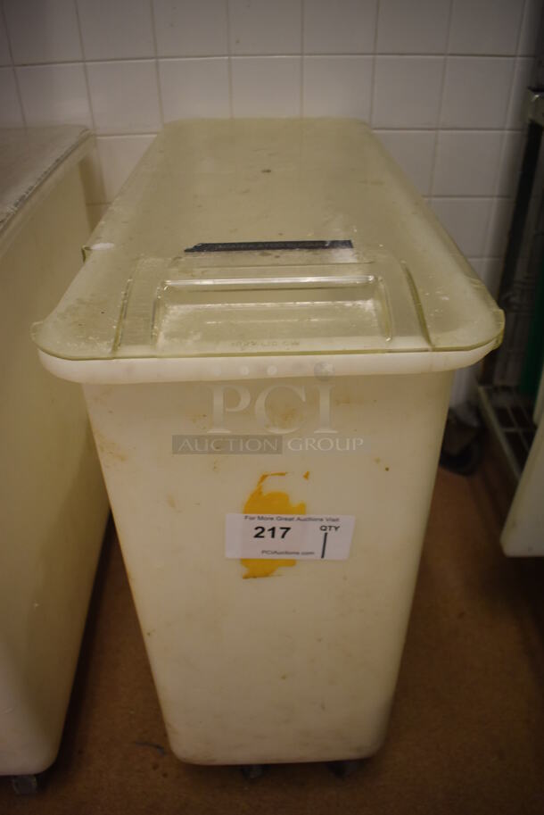White Poly Ingredient Bin w/ Lid on Commercial Casters. 13x29.5x29. (Education Kitchen 2)