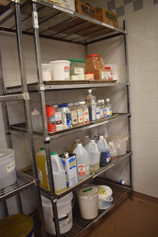 Metal 5 Tier Wire Shelving Unit. Does Not Include Contents. BUYER MUST DISMANTLE. PCI CANNOT DISMANTLE FOR SHIPPING. PLEASE CONSIDER FREIGHT CHARGES. 48x24x84. (Pastry Kitchen)