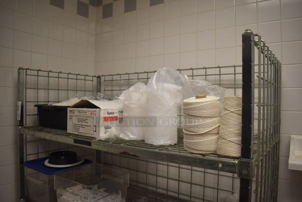 Metal 4 Tier Wire Shelving Unit on Commercial Casters w/ Contents Including Cutting Boards. BUYER MUST DISMANTLE. PCI CANNOT DISMANTLE FOR SHIPPING. PLEASE CONSIDER FREIGHT CHARGES. 48x24x70. (Education Kitchen 2)  - Image 2 of 5