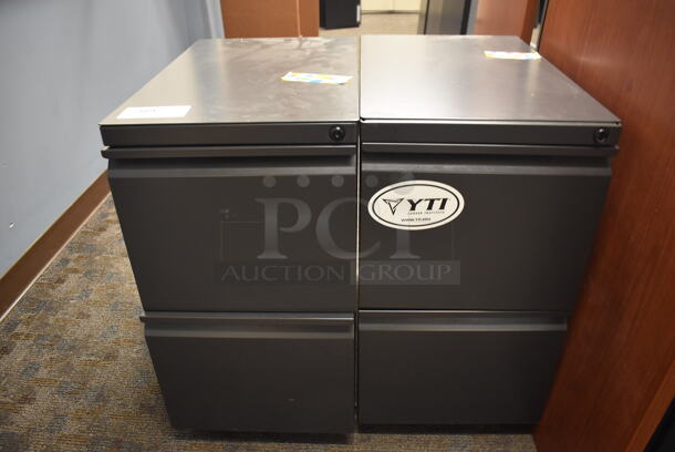 2 Dark Gray Metal 2 Drawer Filing Cabinets. 15x23.5x27.5. 2 Times Your Bid! (Classroom 5-8)