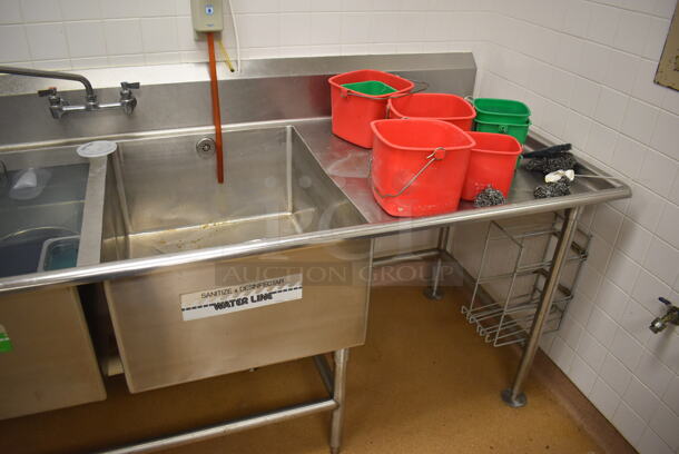 Stainless Steel Commercial 3 Bay Sink w/ Dual Drain Boards, 2 Faucets, 2 Handle Sets and Spray Nozzle Attachment. BUYER MUST REMOVE. 134x36x43. Bays 24x30x14. Drain Boards 28x32x2. (Education Kitchen) - Image 4 of 6